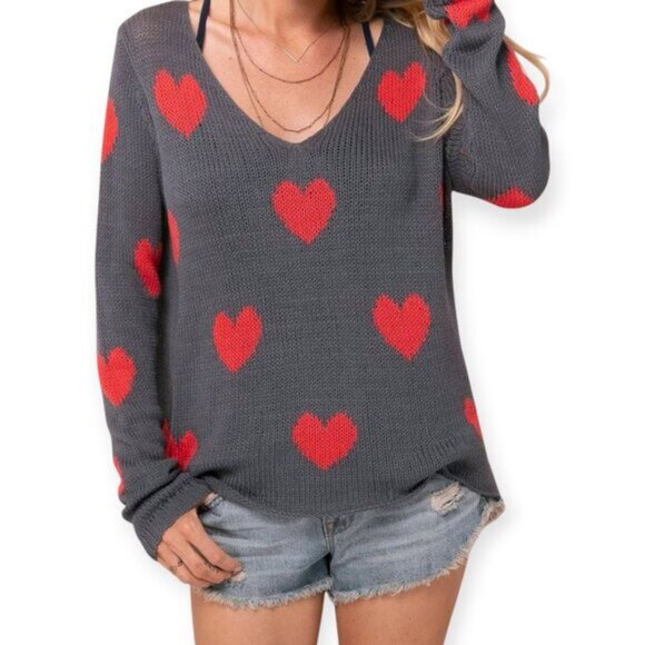 Wooden Ships Besotted Hearts V Neck Sweater Pullover Knitted Gray Red Size XS/S - Picture 1 of 16